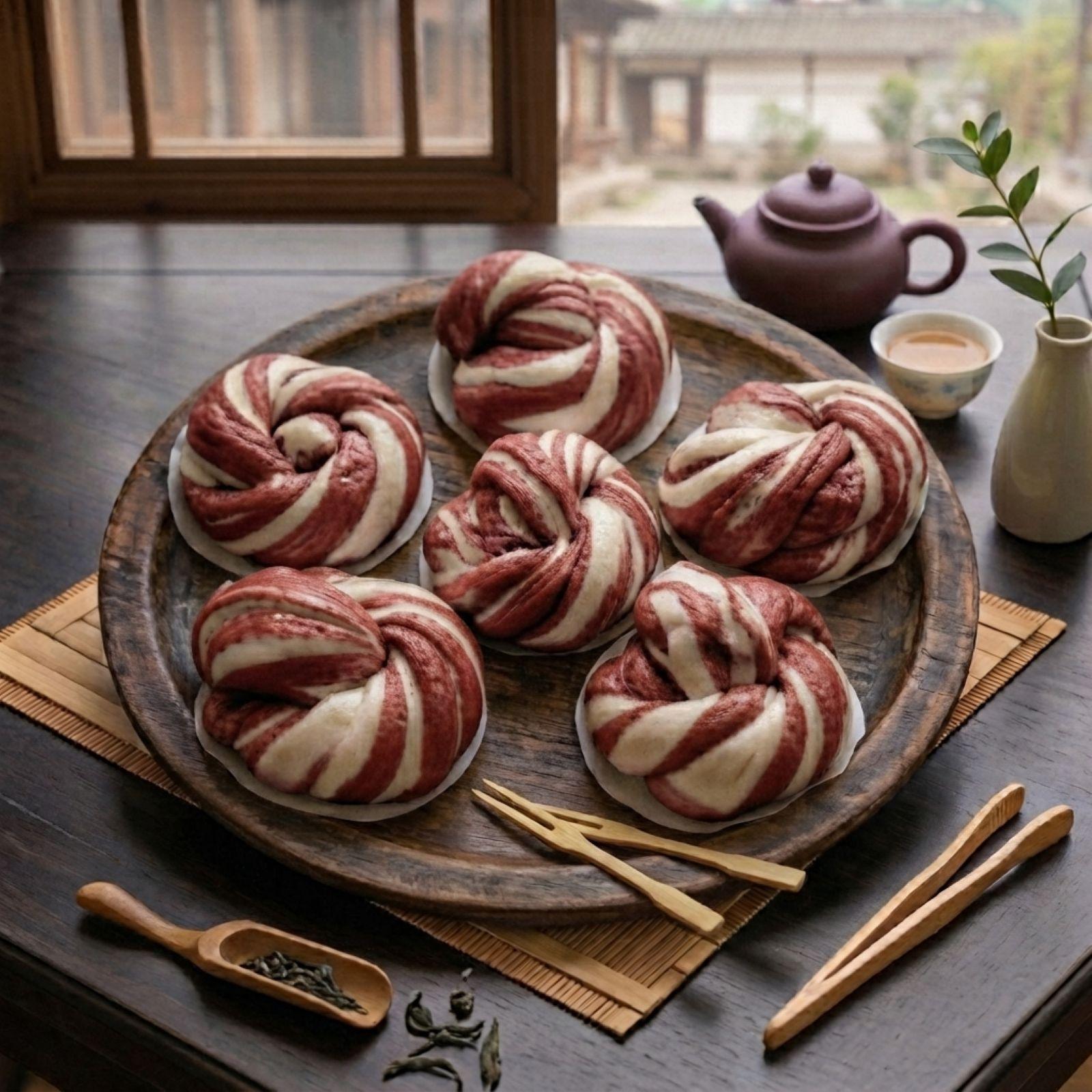 红曲玫瑰馒头 — Red Yeast Rice & Rose Steamed Buns